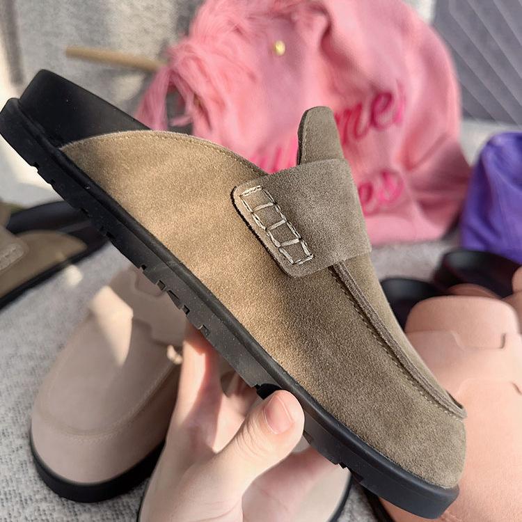 All-cowhide Boken Shoes Women's Baotou Half-tow Soft Sole Thick-soled Lazy Leather Second Uncle Boken Slippers Spring and Summer Wear