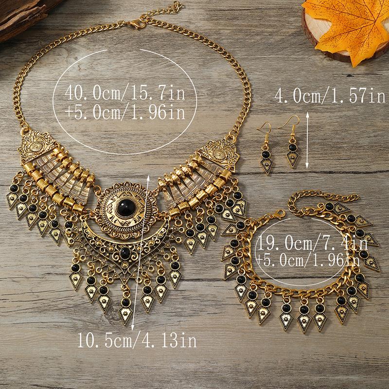 New 3-Piece Set Ethnic Retro Tassel Jewelry Set Sweater Chain Collar Chain Necklace Earrings Bracelet for Women