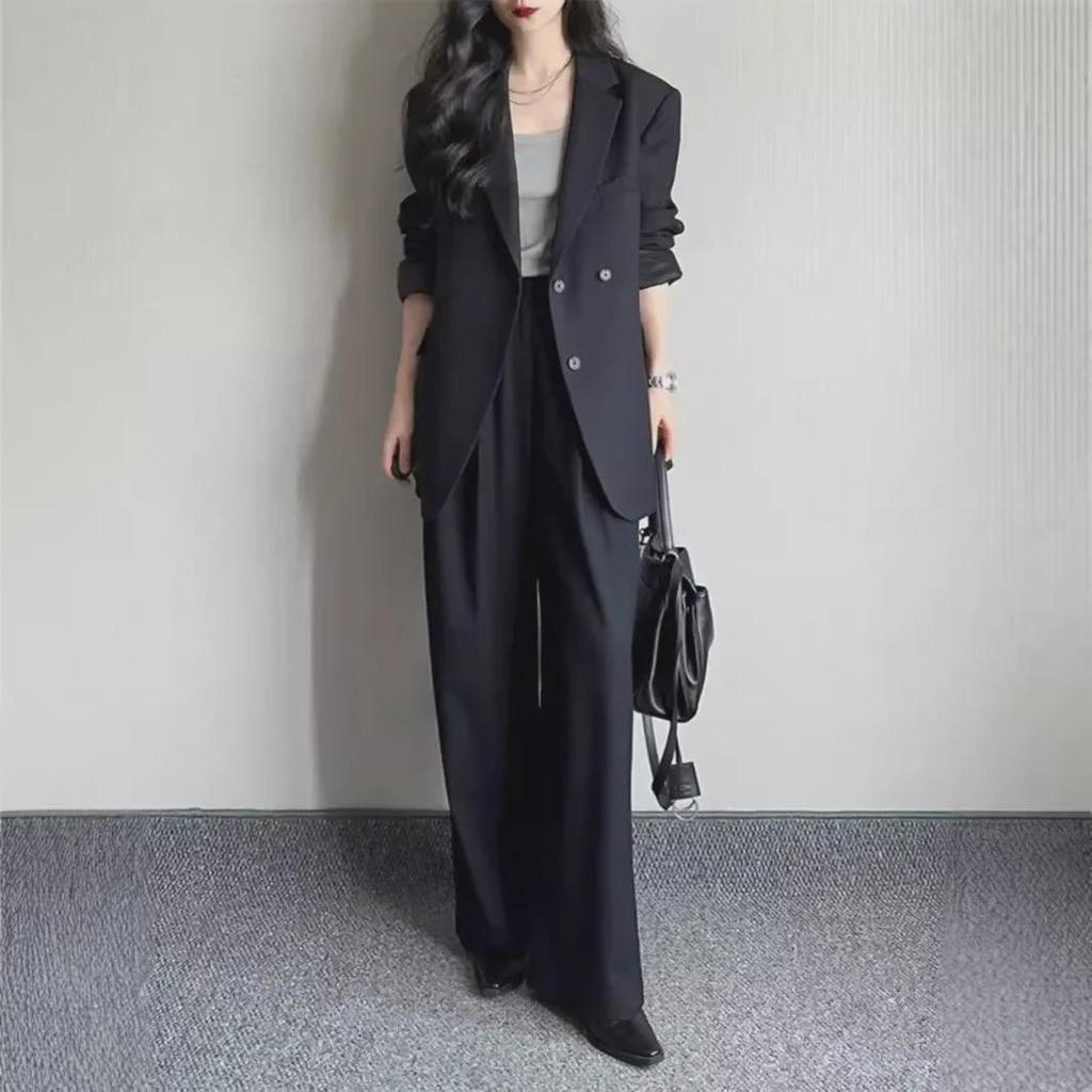 Plus Size Women's Casual & Professional Two-Piece Suit with Wide-Leg Pants