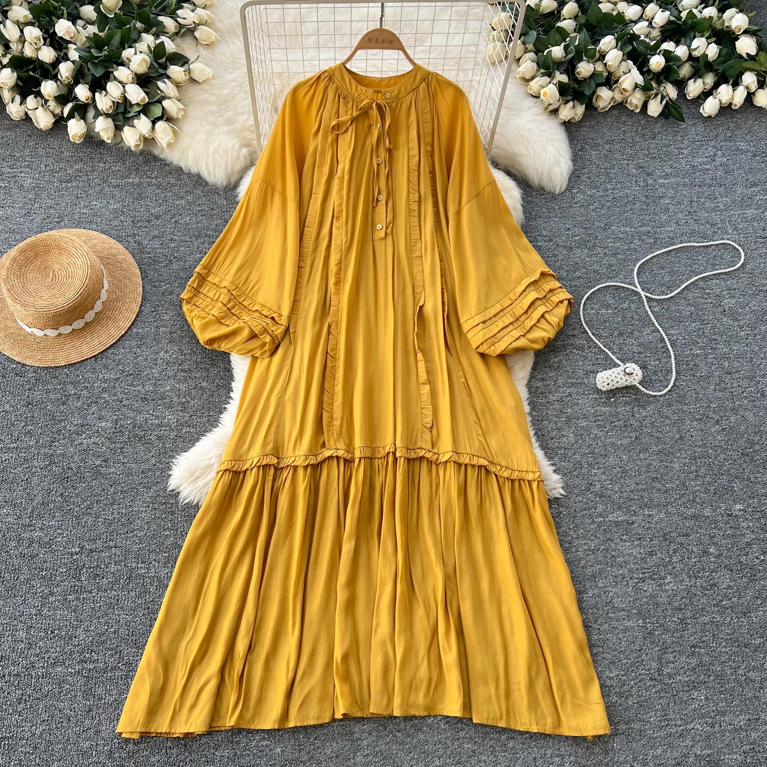 

Винтажное однобортное платье с круглым вырезом на шнуровке, модное, с длинными рукавами, элегантное, свободное, с оборками, корейская женская одежда High Street One Size жёлтый