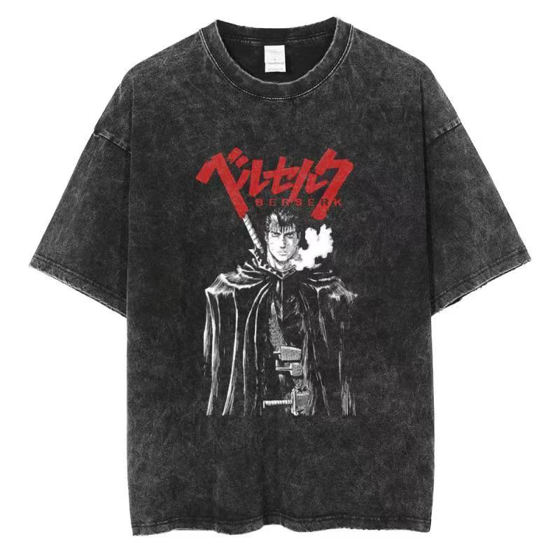 Berserk Print T-shirt Men Women Washed Vintage Japan Anime Oversize Streetwear Harajuku Summer Short Sleeve Tshirt Cotton Tops
