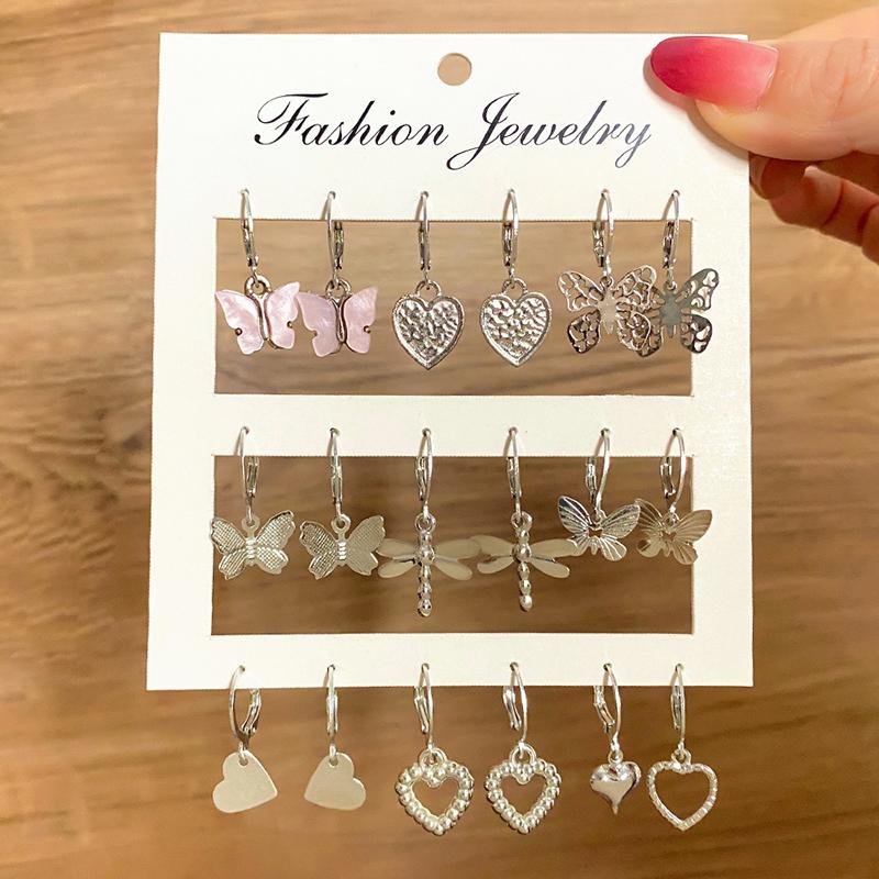 1Set Trend Silver Color Animal Butterfly Drop Earrings Set For Women Girls Geometric Heart Alloy Earrings Jewelry Gift