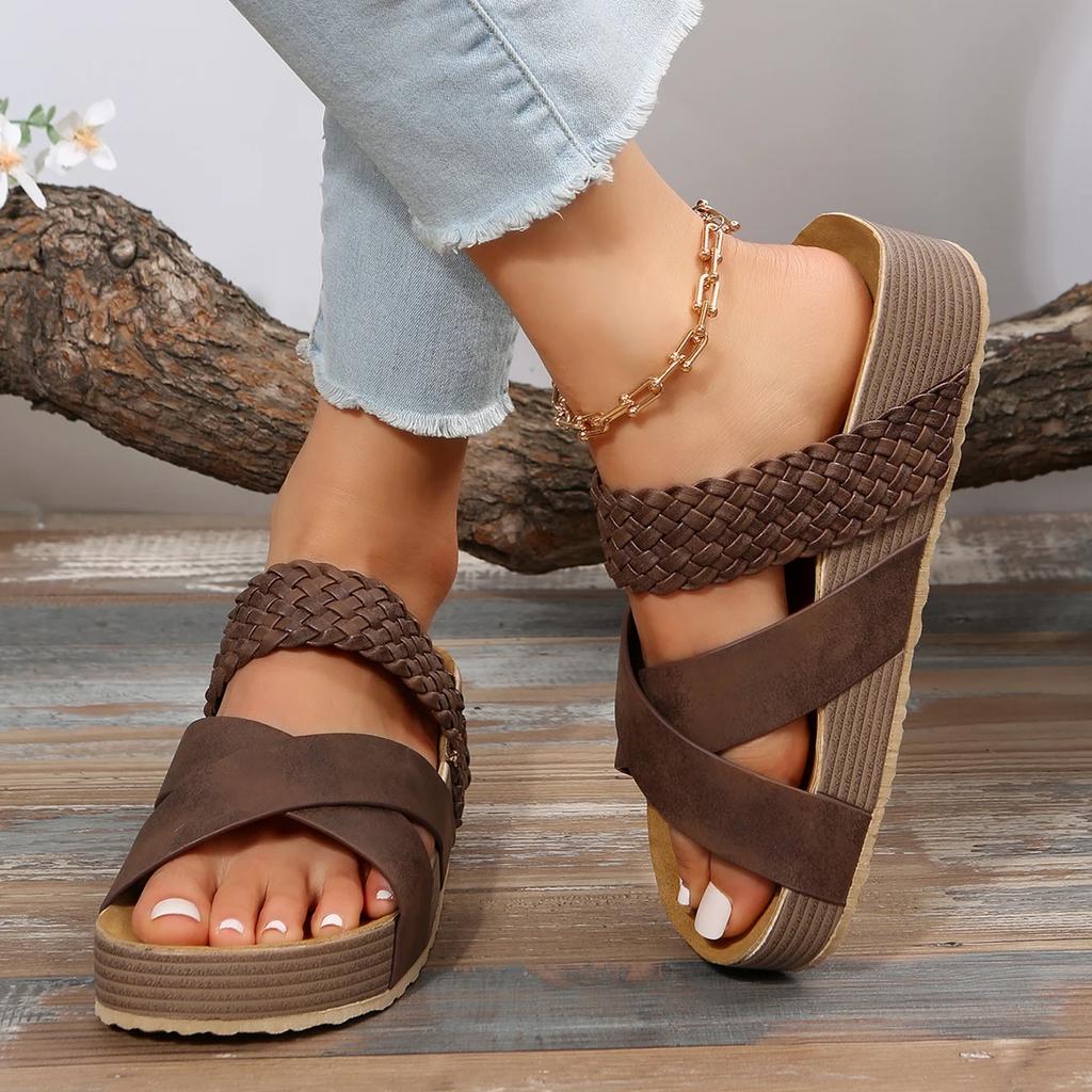 Fashion Summer Women Sandals Sexy Open Toe Broad Band Crossover Slip-On Thick Platform Shoes Casual Flat Slippers Big Size 43