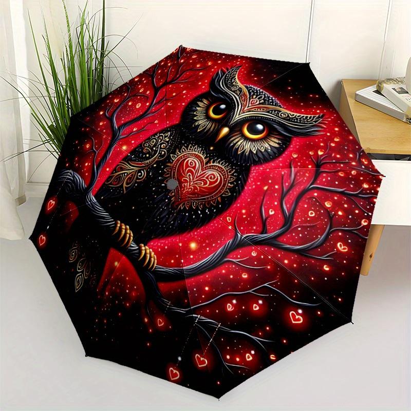 1pc Owl Heart Automatic Open/close Umbrella, 8-Rib sturdy structure, Portable Travel Umbrella, Parties, Everyday Use, Outdoor Accessory, Art
