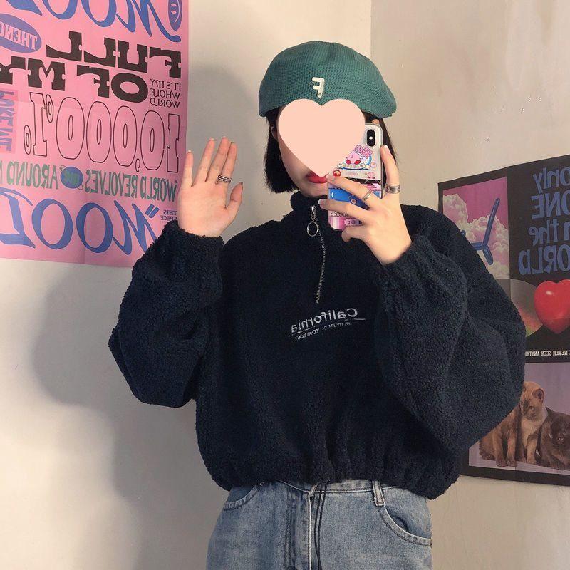 

Жіночий потовщений флісовий світшот на блискавці з овечої вовни - Корейський стиль, Вільний крій, Напіввисока горловина, Осінньо-зимовий тренд L (100-115 jin) чорний