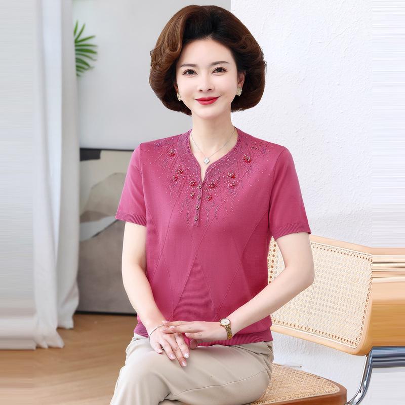Mother s Day Plus Size Qipao Collar Mulberry Silk T-Shirt for Mom L (80-100 jin)