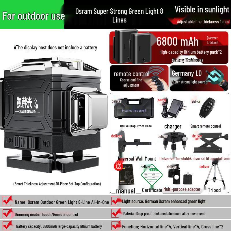 12-Line Green Laser Level with Automatic Leveling for Walls and Floors