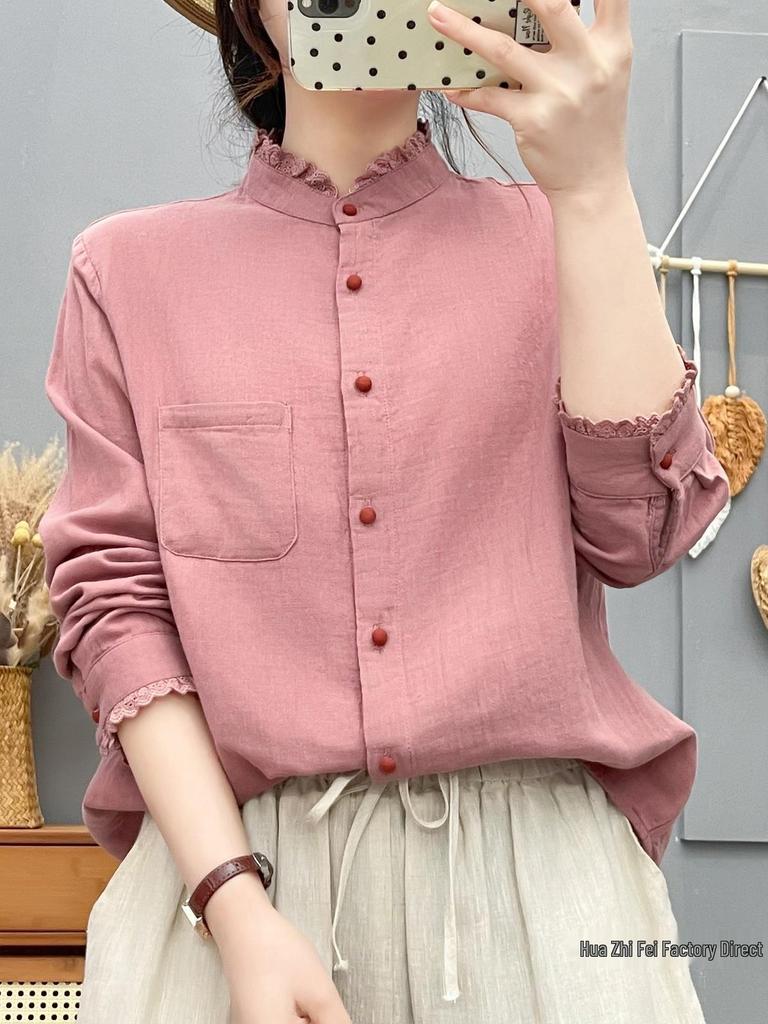 2026 Spring/Autumn Long Sleeve Stand Collar Ruffle Trim Artistic Shirt in Japanese Style - Age-Reducing Versatile Base Layer
