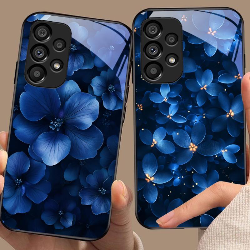 Blue and white flowers For Samsung Galaxy S10 S20 Plus S21 FE S22 23 24 S25 Ultra Black tempered glass phone case hard shell