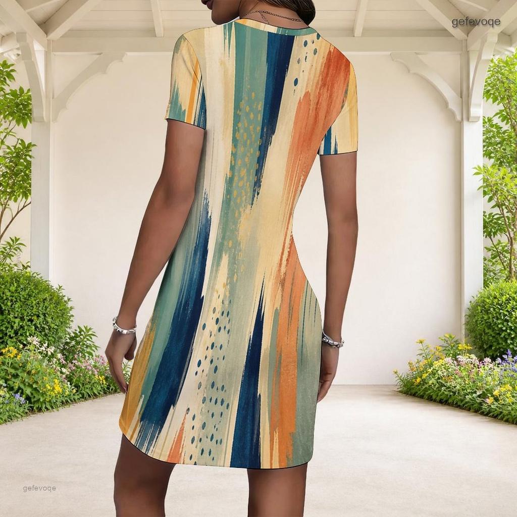Women Plus Size Short Sleeve Round Neck Fitted Mini Dress Blue Abstract Print
