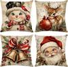 Christmas Throw Pillow Covers 18X18 Set Of 4,Linen Pillow Cases Vintage Nordic Snowman Tree Plaid Gray White Pillowcover