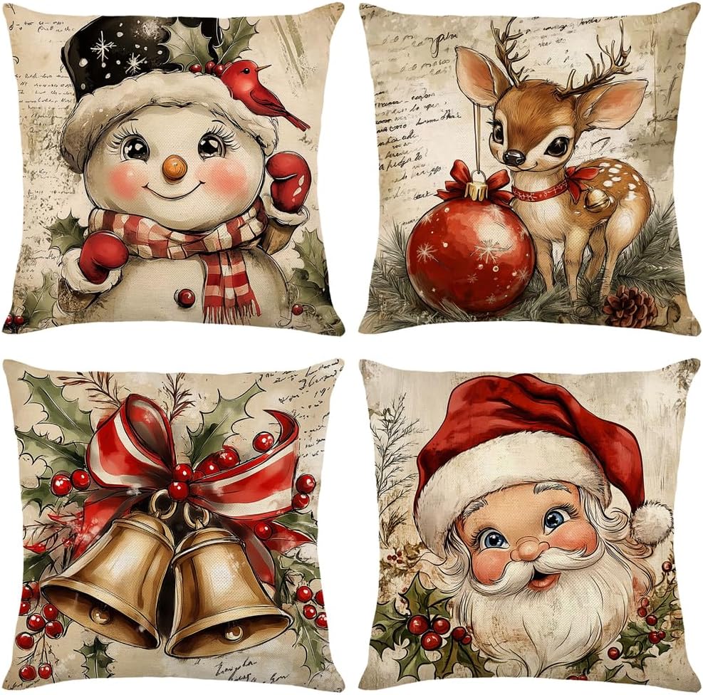 Christmas Throw Pillow Covers 18X18 Set Of 4,Linen Pillow Cases Vintage Nordic Snowman Tree Plaid Gray White Pillowcover
