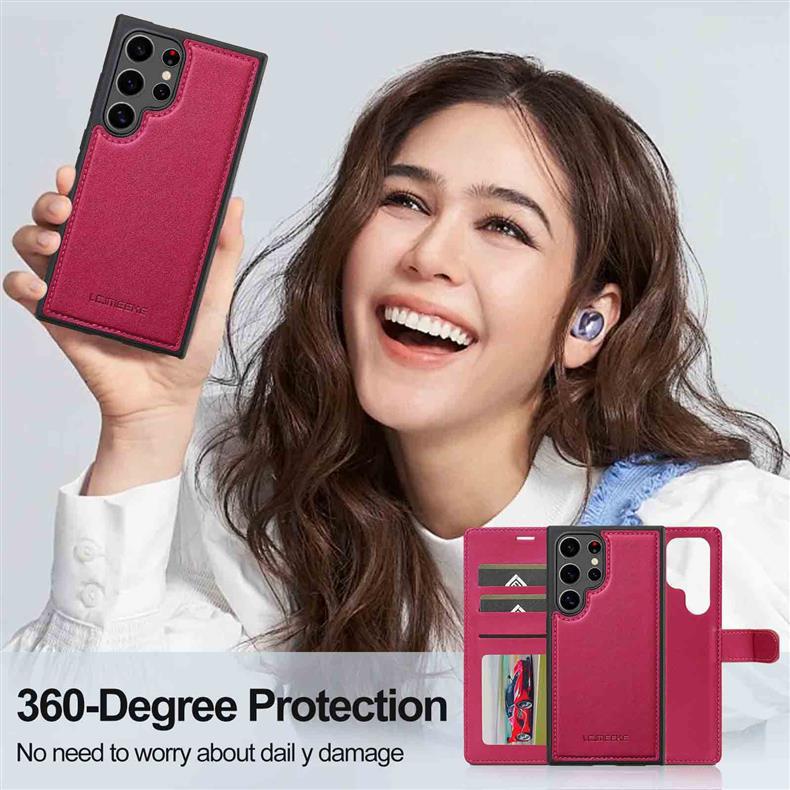 2-in-1 Magnetic Detachable Case for Samsung S25 Ultra, A17 Flip Cover with Card Slot and Lanyard, Leather Case A5655