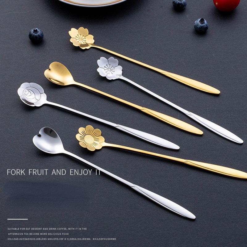 Buy Stainless Steel Korean Spoon Long Handle Cherry Blossom Stirring