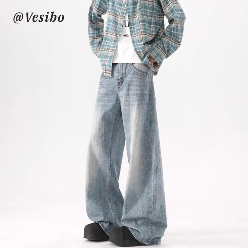 VESIBO Men s Washed Blue Wide-Leg Jeans M