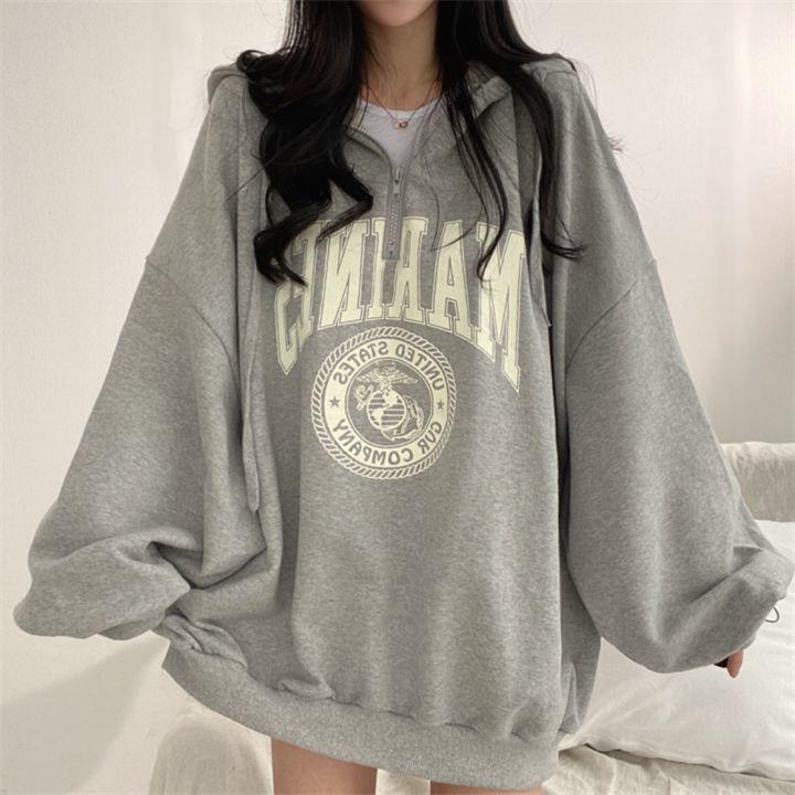 Graphic Hoodies Baggy Tops Grey with Zipper Sweatshirts for Women Full Zip Up Hooded Loose Female Clothes Pullovers