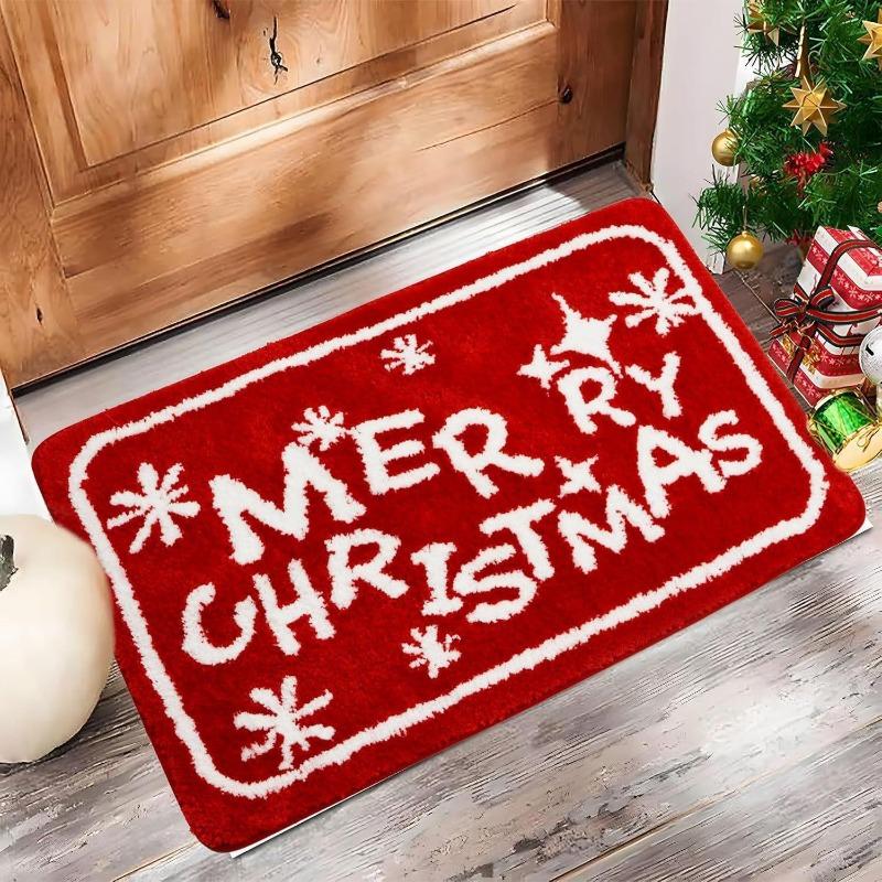 Red Christmas Print Faux Cashmere Bath Mat - Non-Slip Shower Rug & Festive Entryway Doormat