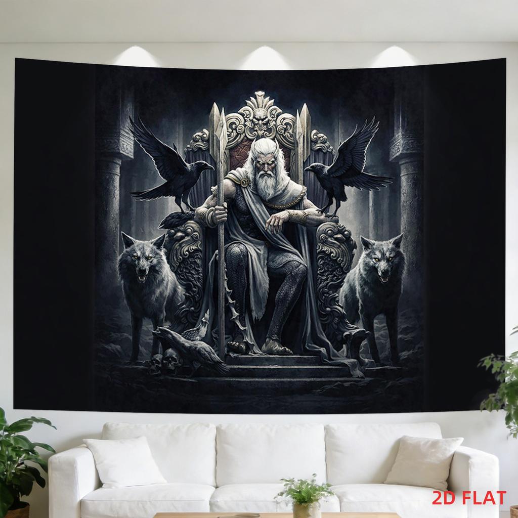 2D Flat - 2D Flat - A Tapestry Featuring a Large Or Small Design Printed on a 2D Plane, Showcasing 1. Odin 2. Throne 3. Ravens 4. Wolves 5. Viking Myt