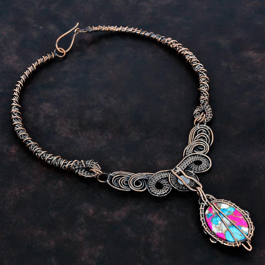 Cotton Candy Turquoise Necklace Copper Wire Wrapped Gemstone Jewelry Rainbow Moonstone Necklace Handmade Copper Wire Necklace Wedding Gifts