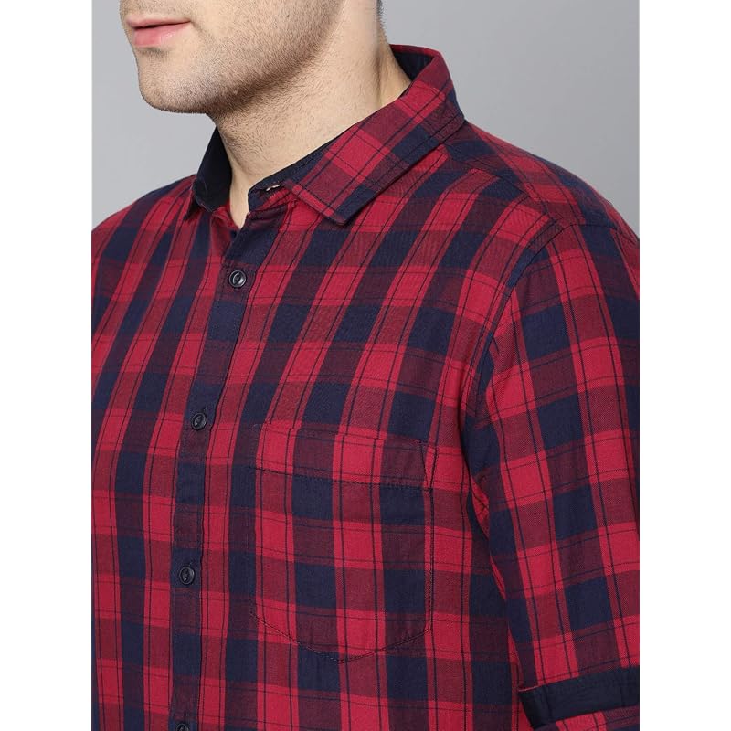 Dennis Lingo Men' Checkered Slim Fit Casual Shirt (C4 Red )