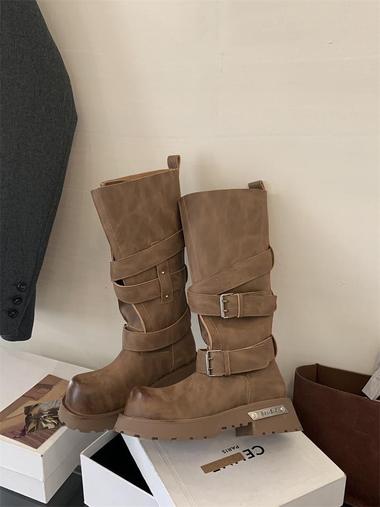 Vintage polished thick-heeled knight boots women's 2025 new platform-soled long boots high street cool drag motorcycle boots medium boots