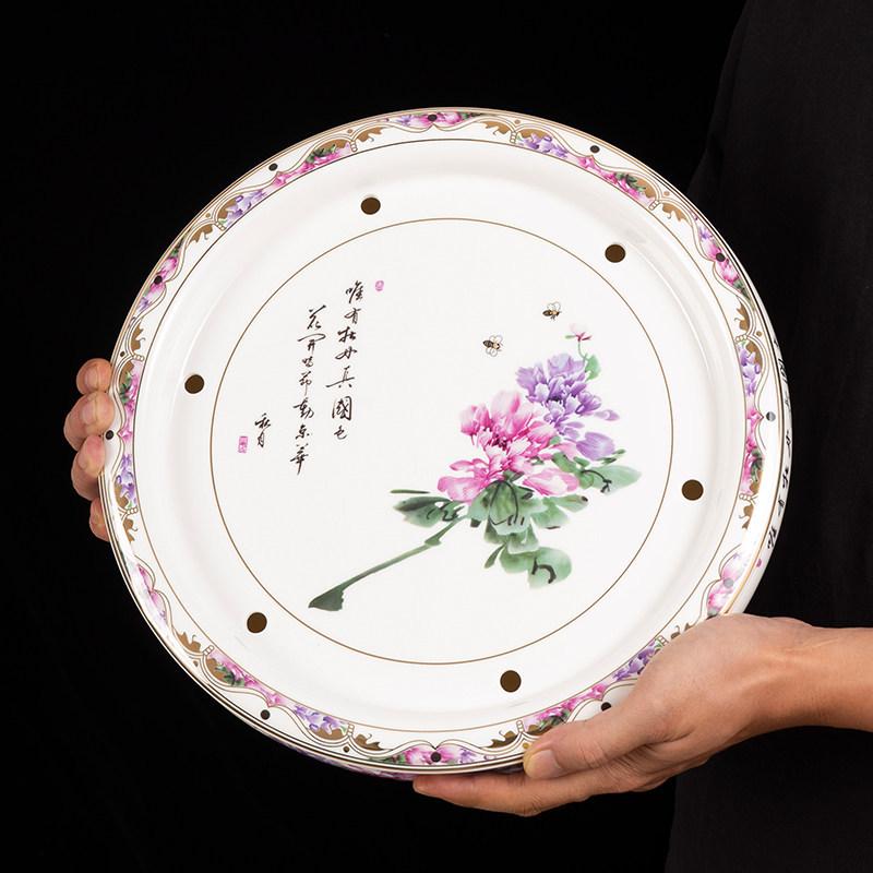 14-inch Ceramic Round Tea Tray for Gongfu Tea, with Double-Layer Water Storage