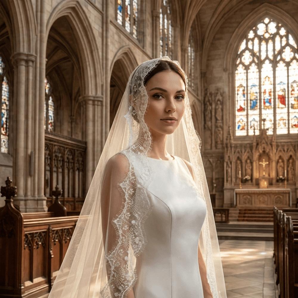 2M Long Bridal Headscarf Lace Edge Muslin Head Covering Elegant Wedding Veil Cathedral Wedding