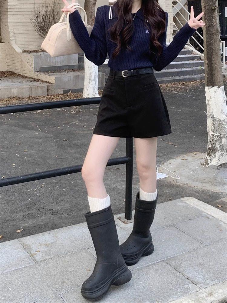 2026 Autumn Plus Size Women's High-Waist Wool Suit Shorts - Loose Bootcut Style
