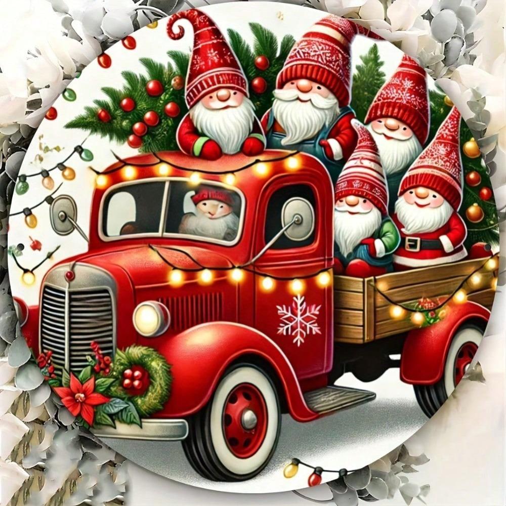 Santa Sleigh Round Metal Tin Sign Vintage Christmas Wall Decor for Home