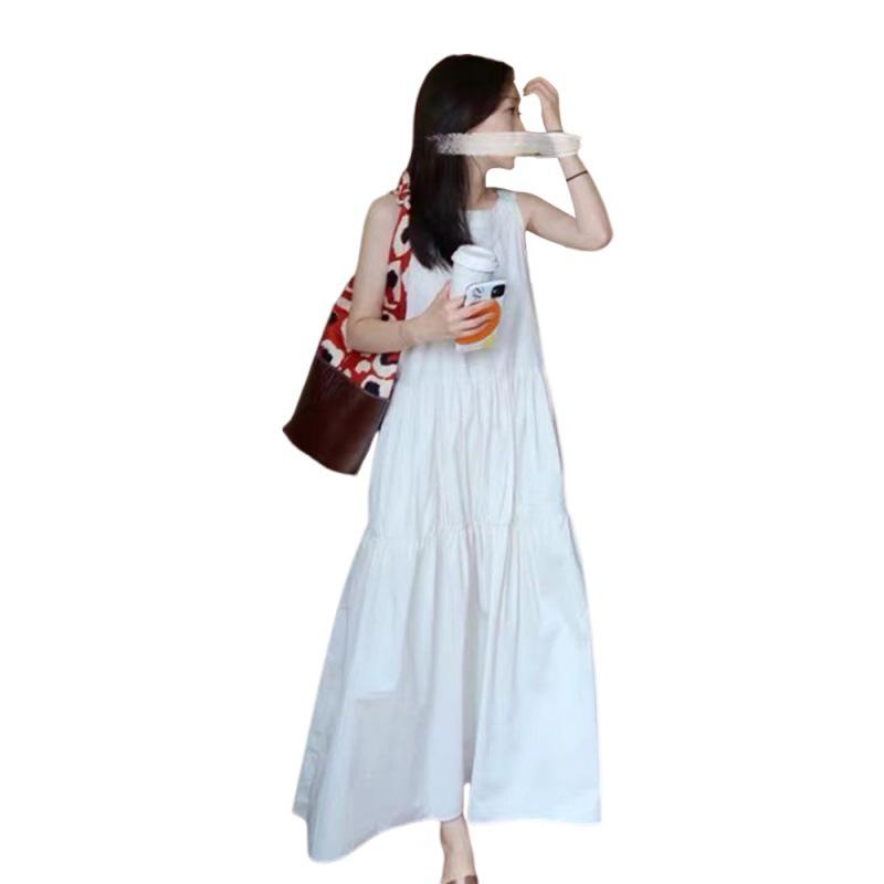 2024 Children's White Fairy French Spaghetti Strap Long Dress for Seaside Vacation