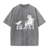 2026 Vintage Washed Grey Cat And Bird Drinking Tea Graphic T Shirt Retro Woodcut Art Print Oversized Casual Short Sleeve Tee