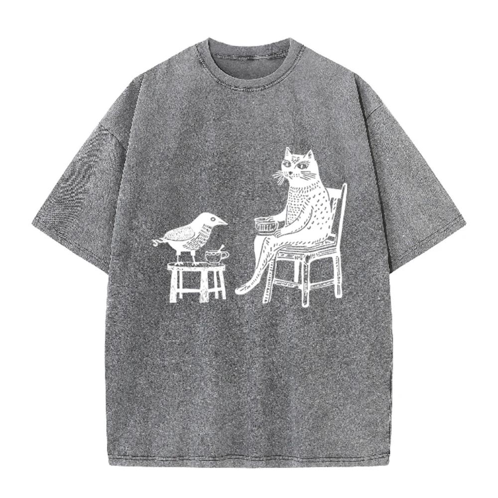 2026 Vintage Washed Grey Cat And Bird Drinking Tea Graphic T Shirt Retro Woodcut Art Print Oversized Casual Short Sleeve Tee