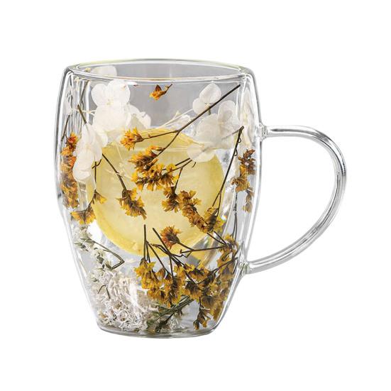 350ML Double Wall Glass Coffee Mug Dries Flower Insulated Glass Cup with Handle Clear Espresso Latte Cappuccino Milk Juice Tea Water Cup
