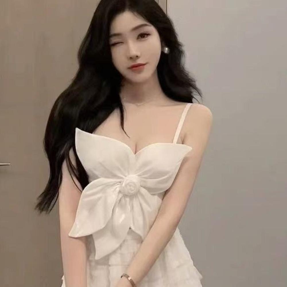 Slim Fit Rose Flower Camisole 3D Rose Flower Decoration Crop Tops Socialite Style Corset  Travel