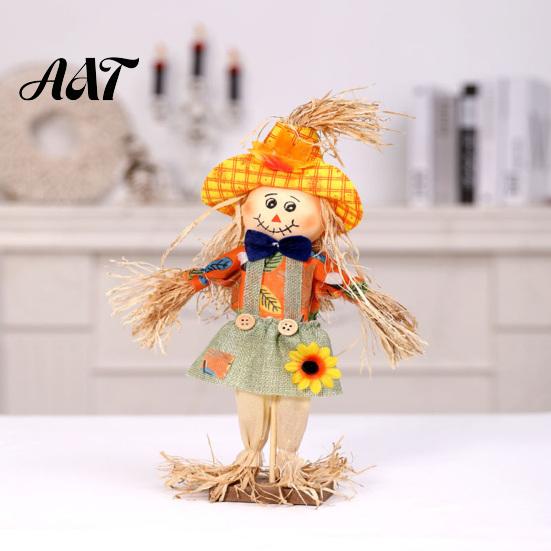 Harvest Festival Party Supplies Standing Fall Scarecrow Decoration, Rustic Halloween Thanksgiving Ornament Indoor Home with Clothes Hat for