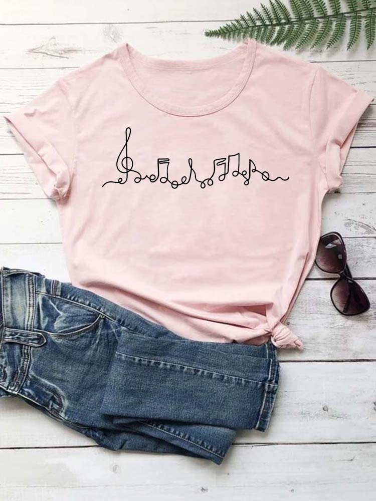 Fashion Women T Shirt Musical Note Printed T Shirt Casual Black Tops 90s Ladies Girls Tee Shirt Female Harajuku Graphic T-shirt