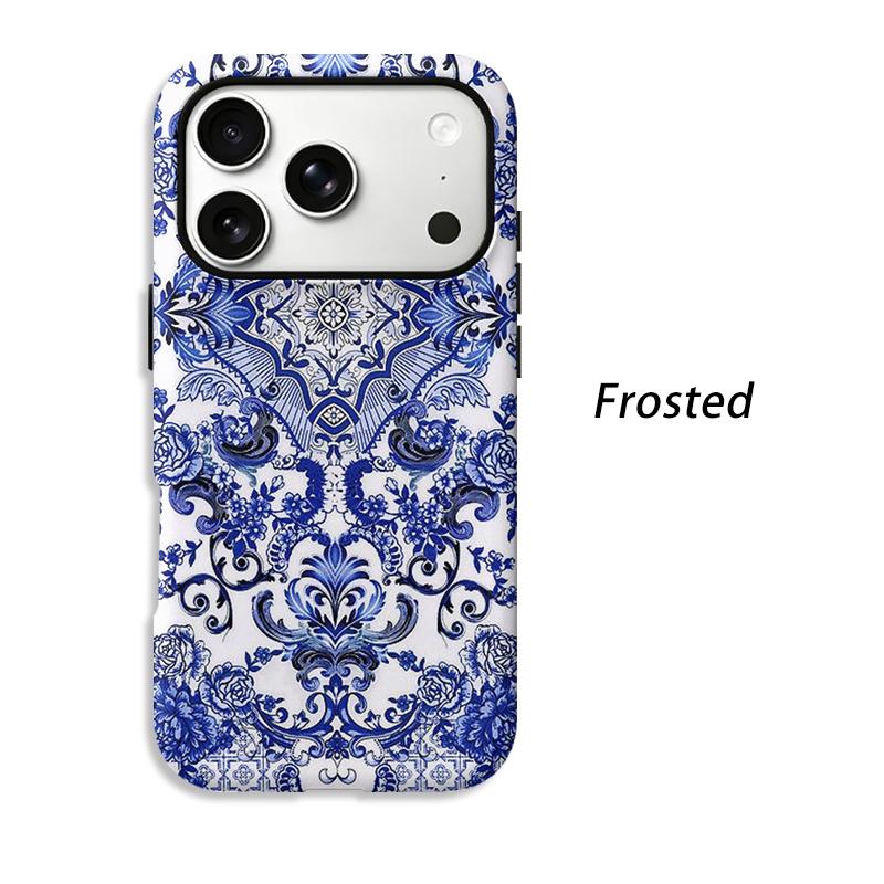 Porcelain Blue Stylized Floral Pattern Art Graphic Design Film Aesthetic Protective Shockproof Bumper Phone Case Cover For iPhone 14 15 16Pro Max Plus