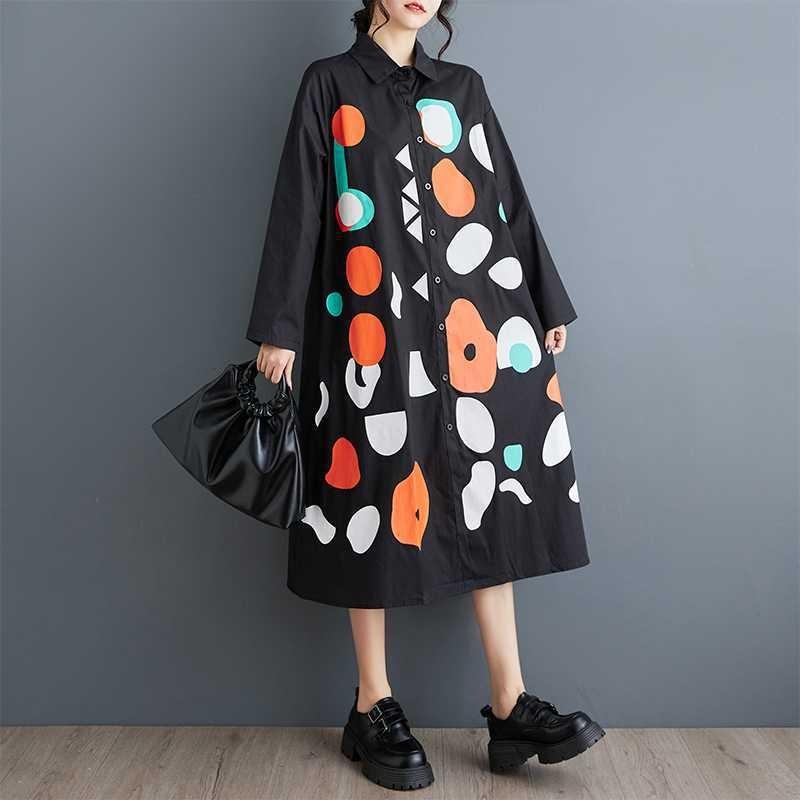 New Loose Large Size Printing Splicing Casual Simple Sweet Long-sleeved Dresses