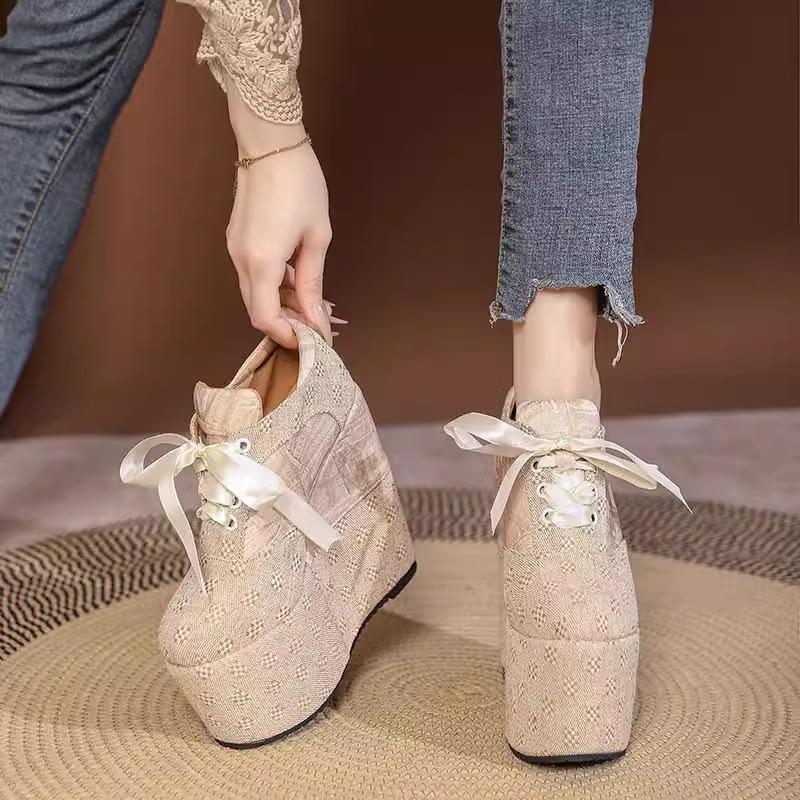 Fashion 2025 New Women's 15CM Extra High Heel Platform Shoes  Breathable Wedge Sandals with Lace-Up Design Slimming Casual shoes