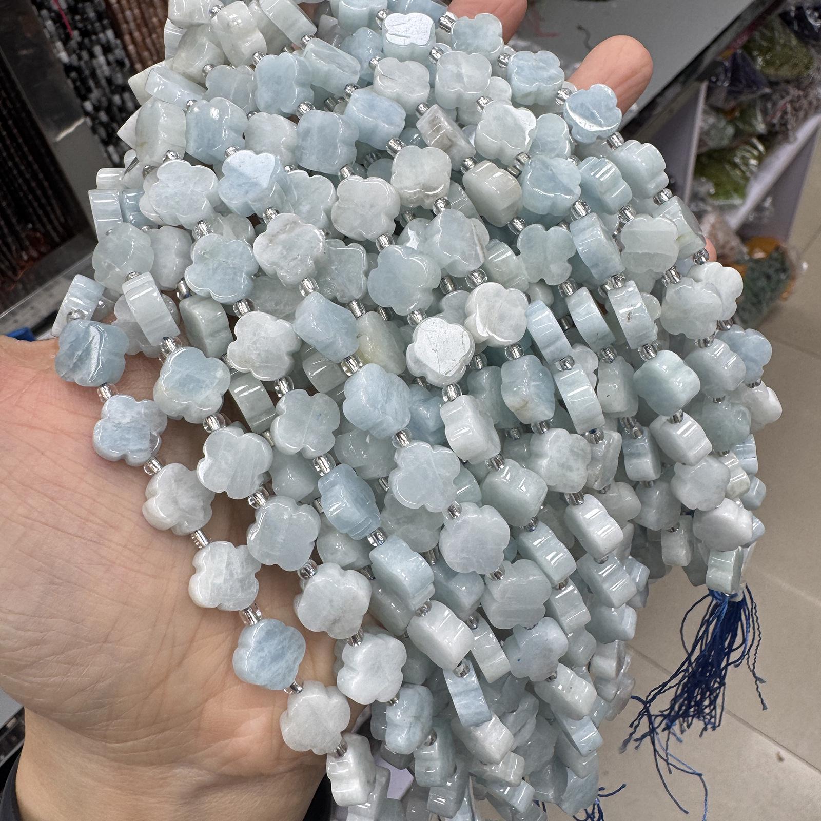 Natural Aquamarine Four-Leaf Clover Beaded Strands for DIY Bracelets and Necklaces