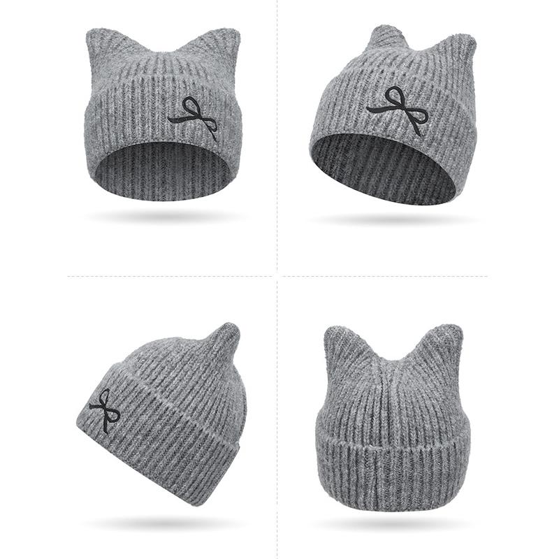 Winter Bow Cat Ear Knitted Wool Hat Women's Warm Ear Protection Hat