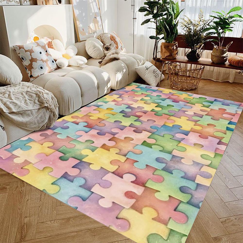 Colorful Puzzle Block Area Carpet Anti Slip Washable Floor Mat Bright Colored Multi-color Puzzle Carpet for Home Decoration