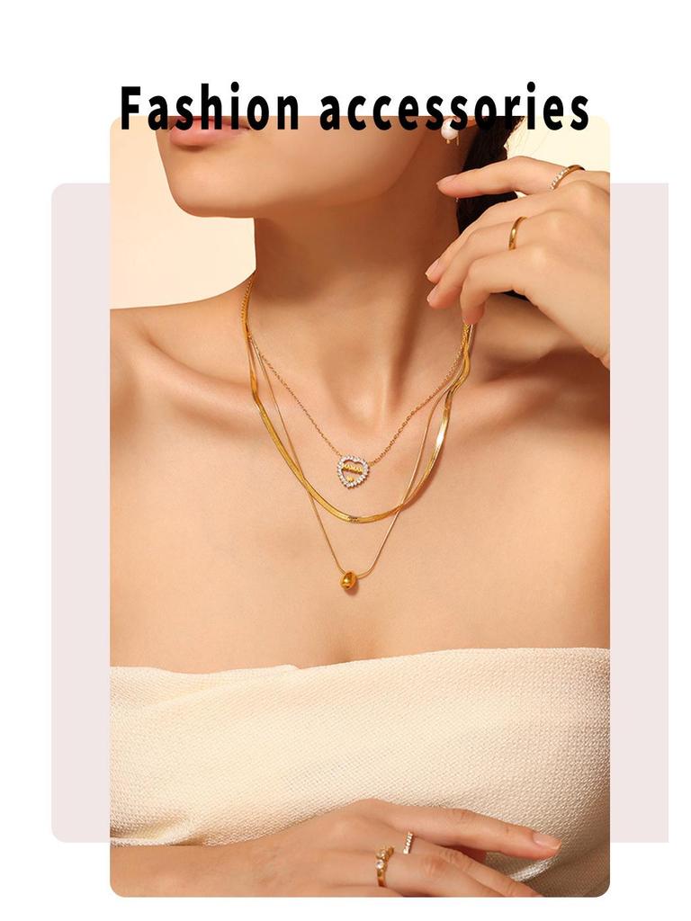 Trendy Double-Layer Waterdrop Pendant Necklace with Letter & Heart Diamond Inlay for Women