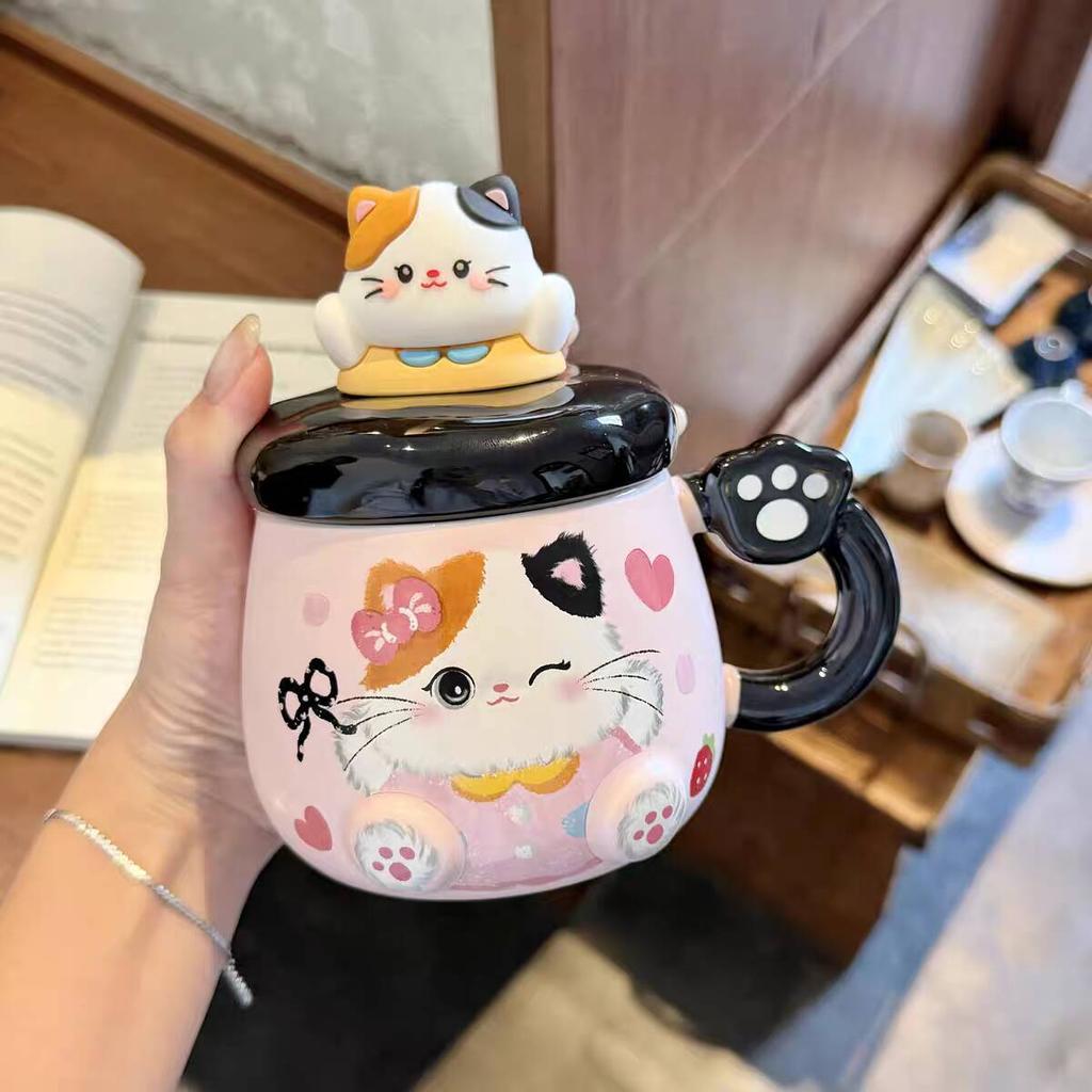 Cat Mug with Lid Spoon High Value Cute Cup Ceramic Water Cup for Women Home Large Capacity Breakfast Cup for Children