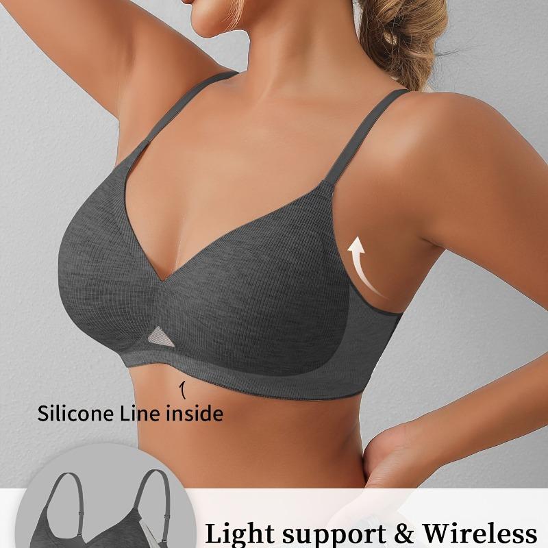 

Ribbed Seamless V-Neck Bra Mesh Cutout Wireless Comfort Padded Daily Wear Bra for Women S темно-серого