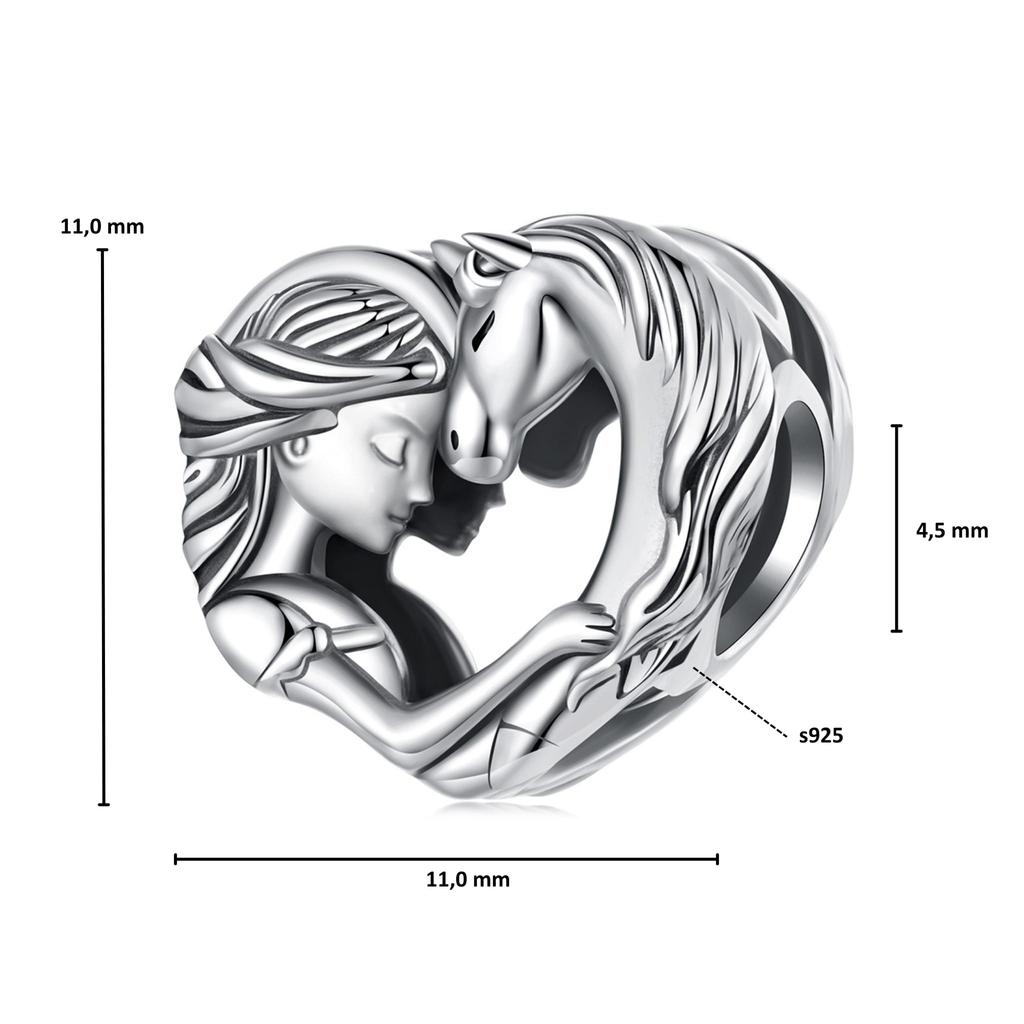 Silver heart charm girl with horse beads silver 925 bead