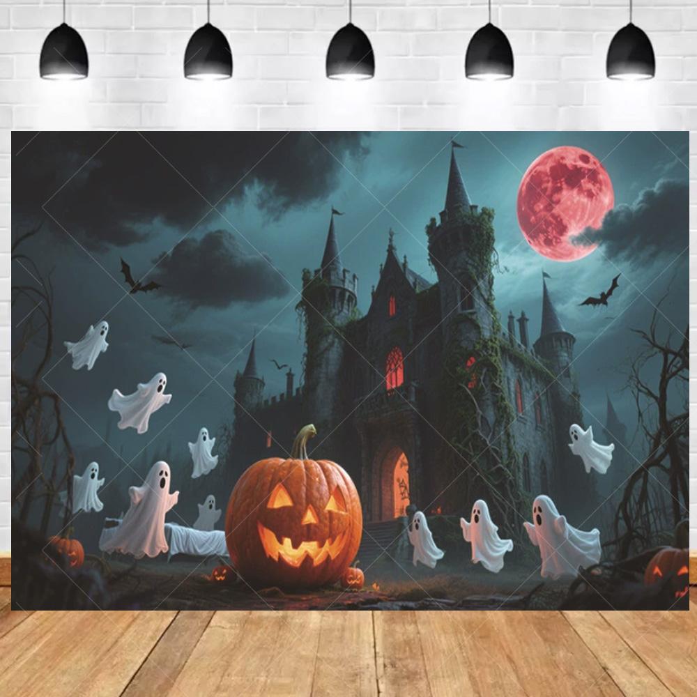 1pc Gothic Halloween Party Backdrop with Night Moon Castle Witch Pumpkin Dustproof Banner for Halloween Themed Party Decoration