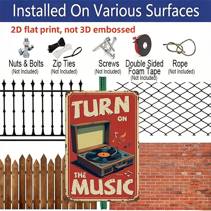 2D Flat 1pc Vintage Music Inspired Aluminium Wall Art Sign Turn on The Music 8x12 Inch Aluminium Rustic Home Bar Decor Music Studio Wall