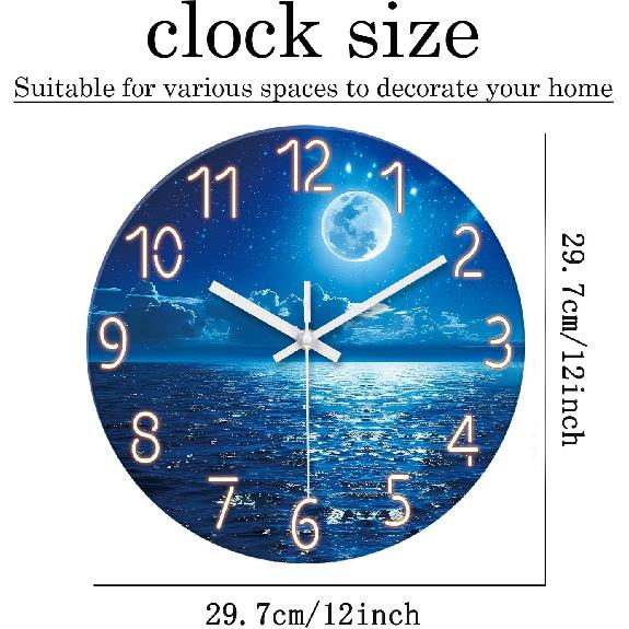 XFM Analog Blue Moon Wall Clock Silent Non Ticking Lake Decorative Wall Clock Battery Operated 12 Inch Glass Wall Clock for Kitchen Living Room