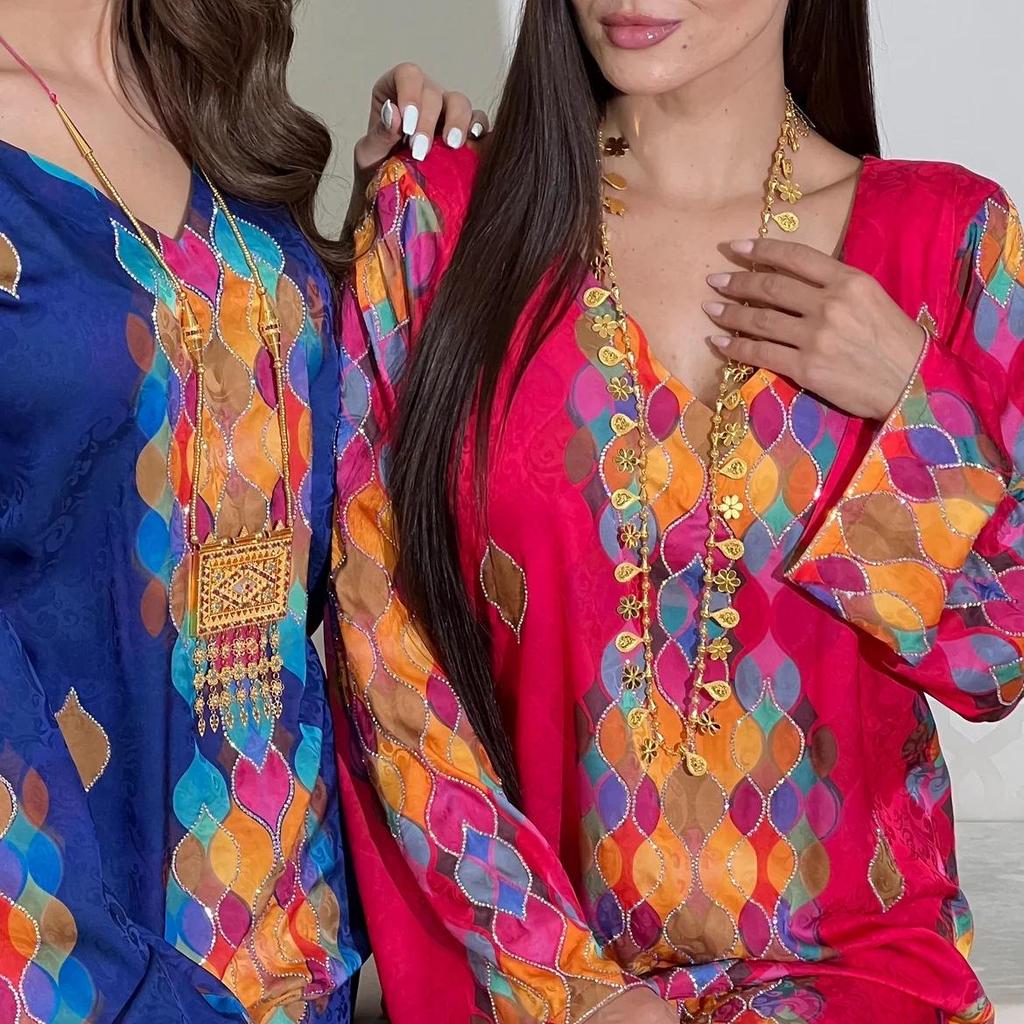 Elegant V-Neck Long Sleeve Dress with Hot Drill Print for Women